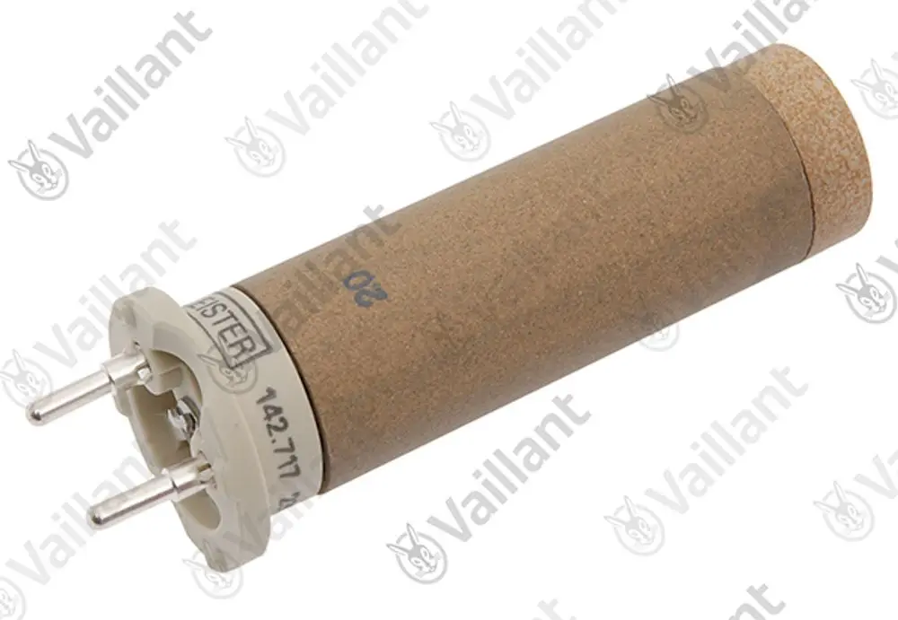 Vaillant Heizelement in zylindrischer Form mit zwei Anschlussstiften an der Unterseite. Das Element hat eine braune Oberfläche und graue Kunststoffdetails.